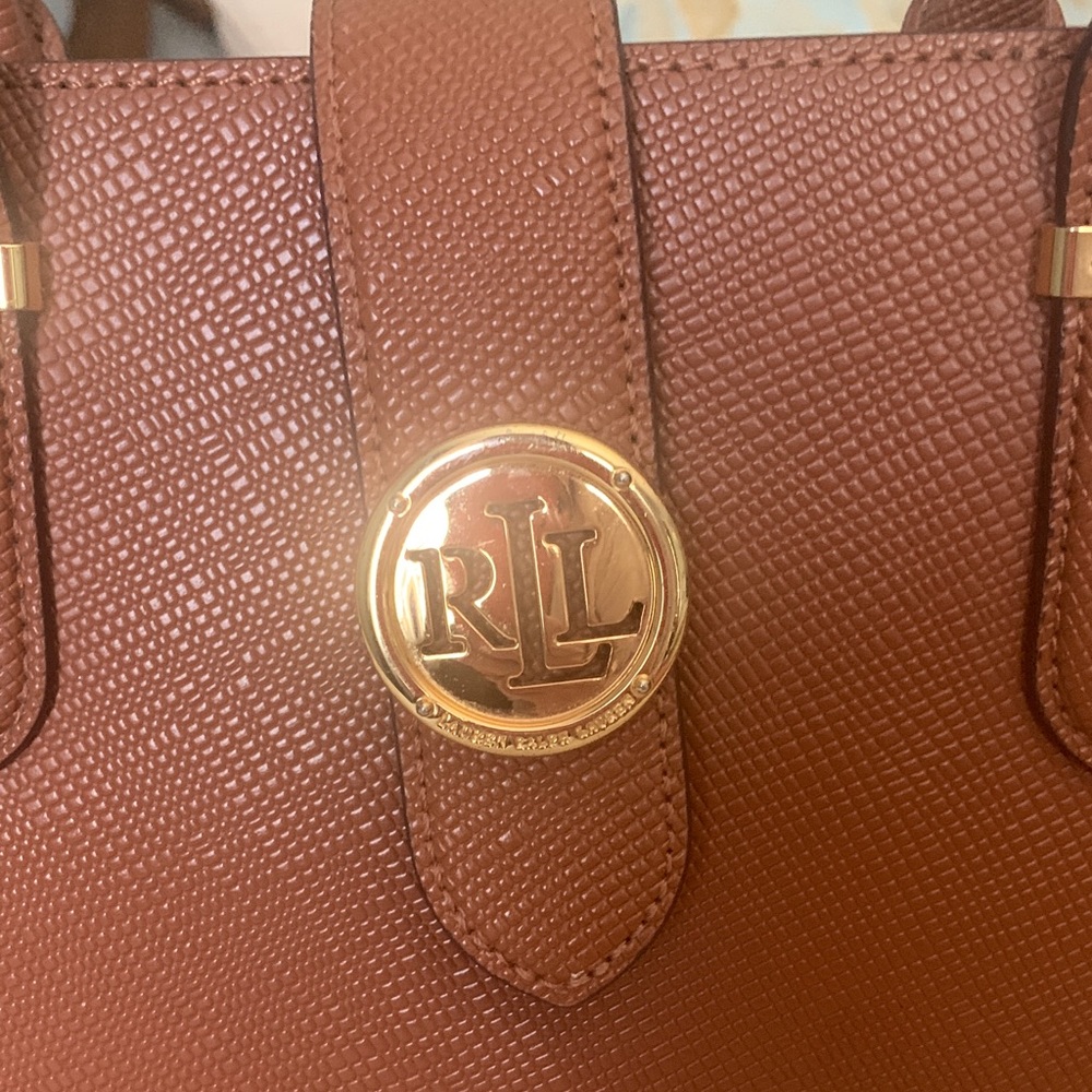 Ralph Lauren Cognac Textured Leather Satchel with Gold RL Medallion - Picture 2 of 16